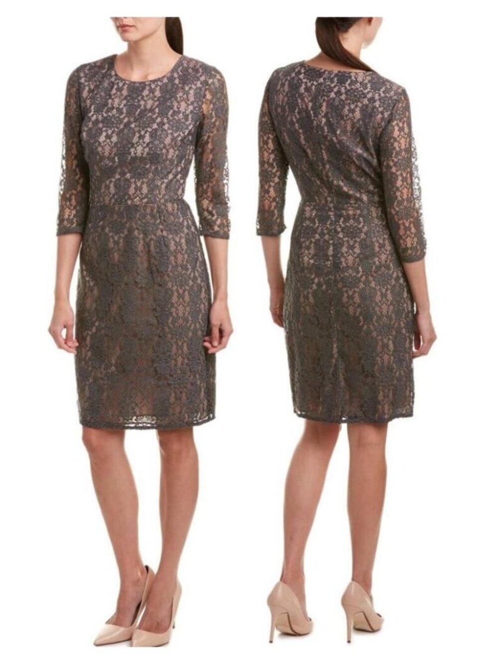 TRINA TURK Gray Crochet Lace Overlay Sheath Dress Size 8 Made In USA